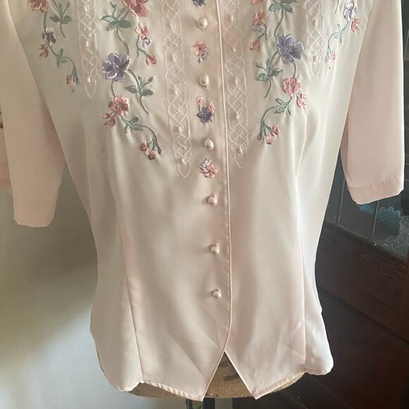 Vintage Laura Scott Pink Floral Blouse 90s Embroidered Pearl Button Top Sz 12 - Picture 13 of 17